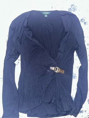 Lauren Ralph Lauren Navy Faux Wrap Buckle Top